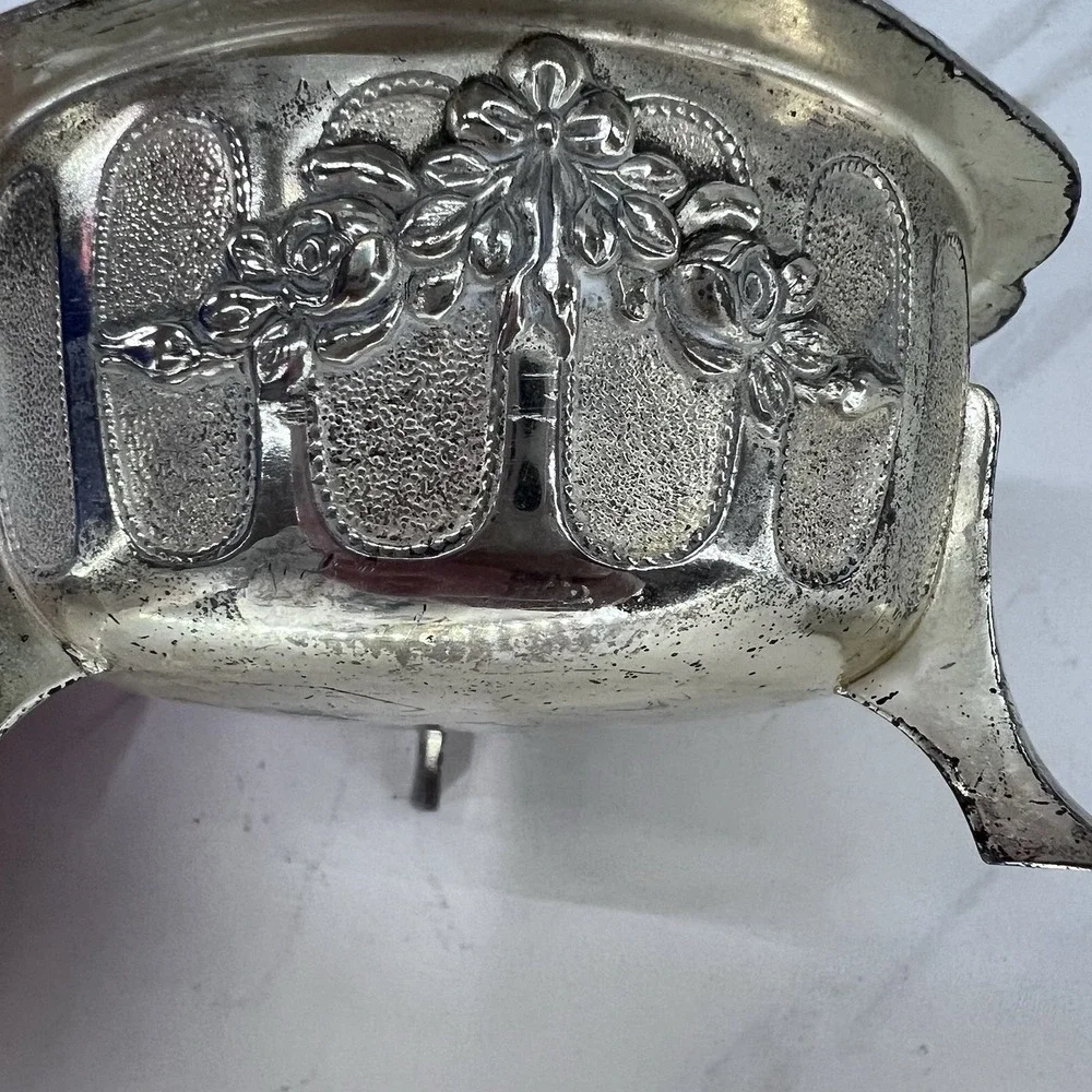 Vtg Silver Covered Ornate Trinket Candy Dish Vanity Silver plated Floral 2.5x4